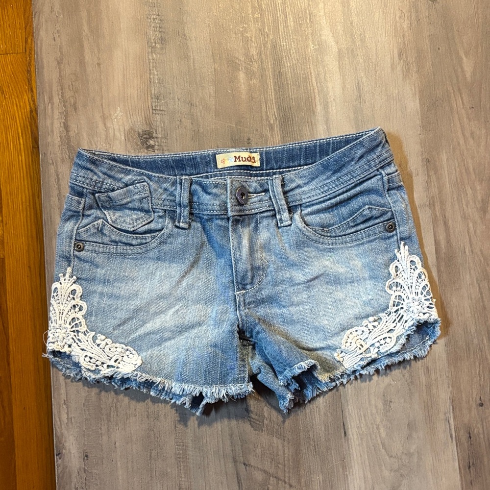 Mudd Girls Light Blue Jean Shorts with Lace Accents
